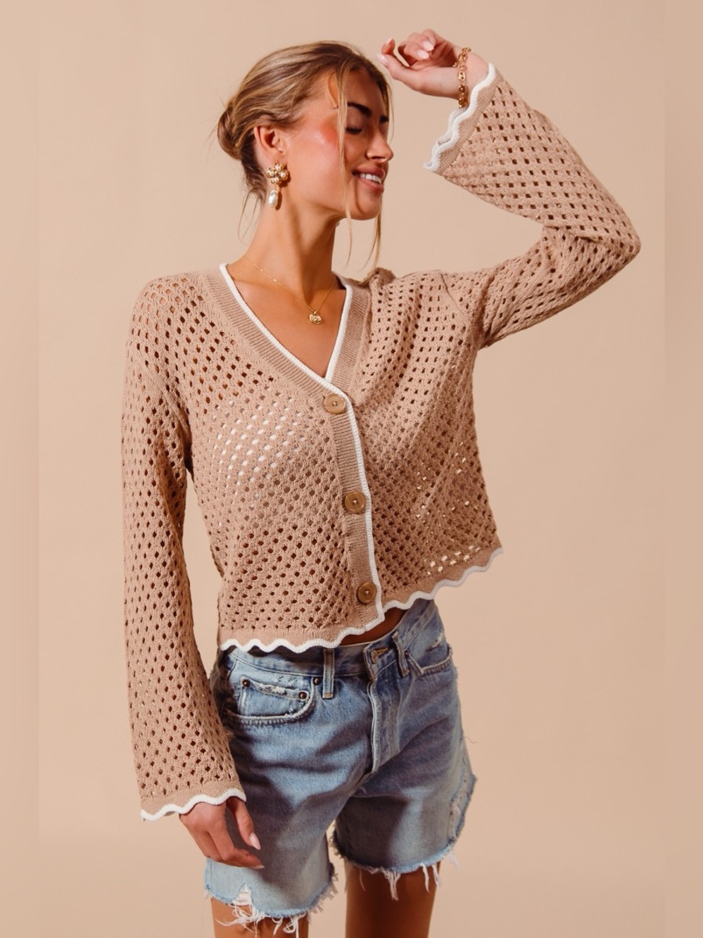 SO ME Open Knit Light Weight Sweater Cardigan With Contrast Wavy Scallop Edge - Picture 5 of 11